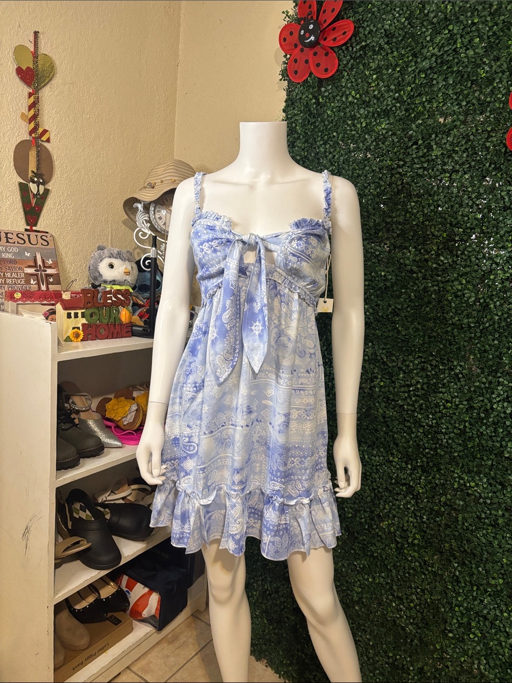 Ocean Drive Light Blue Paisley Tie-Front Dress